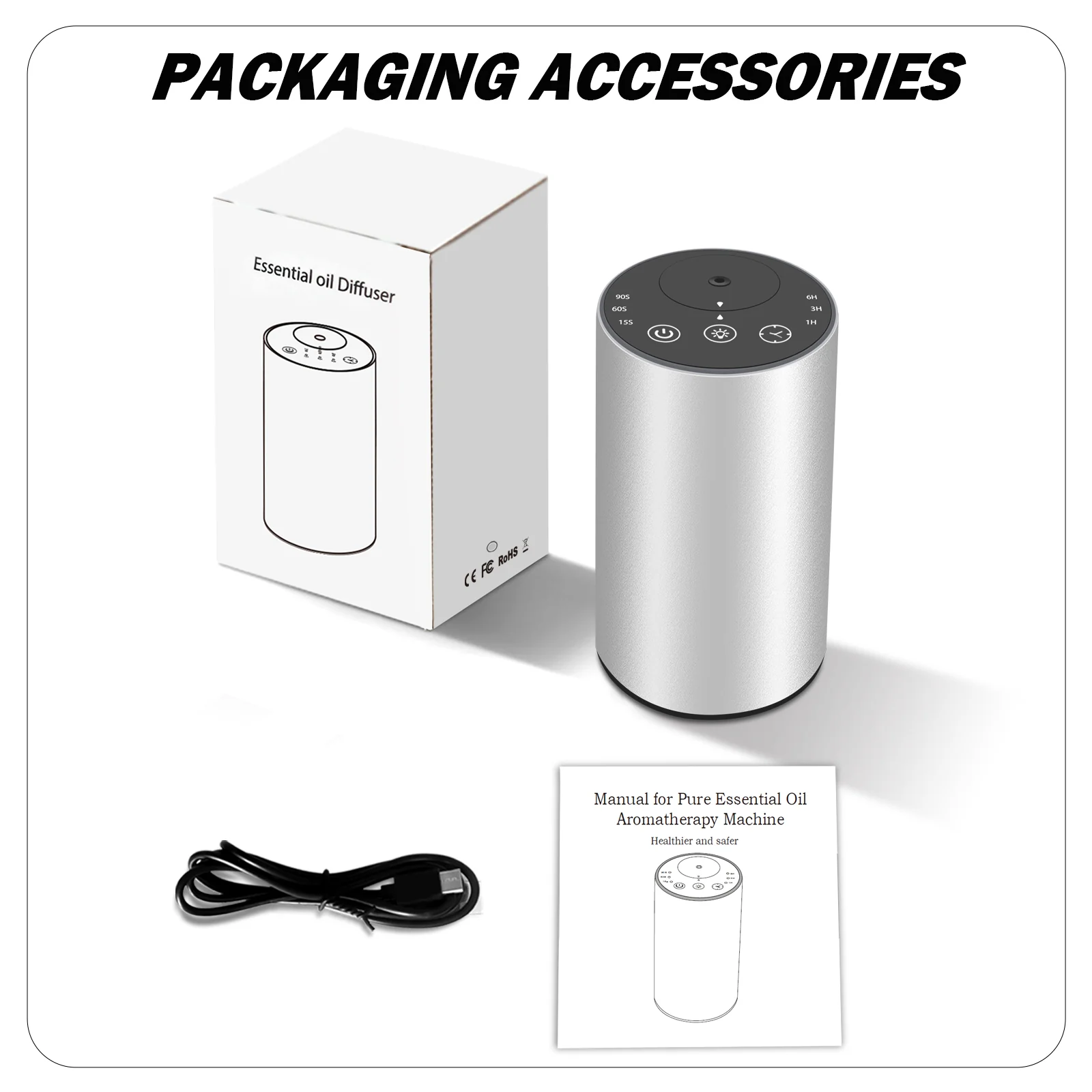 2451 waterless diffuser retail box, user manual and charging cable accessories