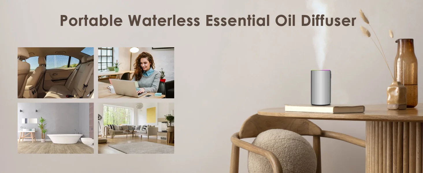 2452 portable waterless essential oil diffuser used in four scenes - office, living room, bathroom and bedroom
