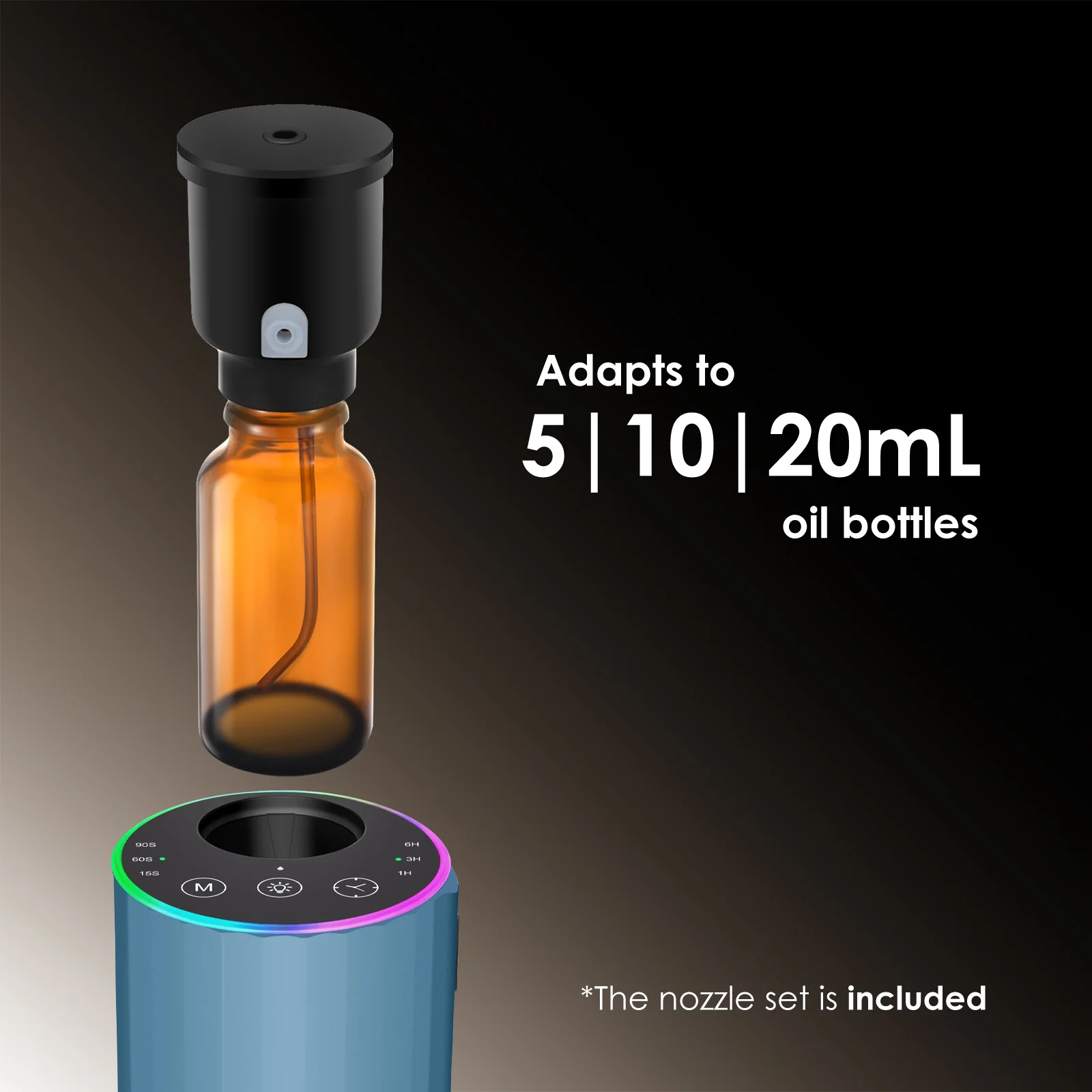 2452 waterless diffuser nozzle adapter fits 5 mL, 10 mL, 15 mL and 20 mL essential oil bottles, nozzle set included