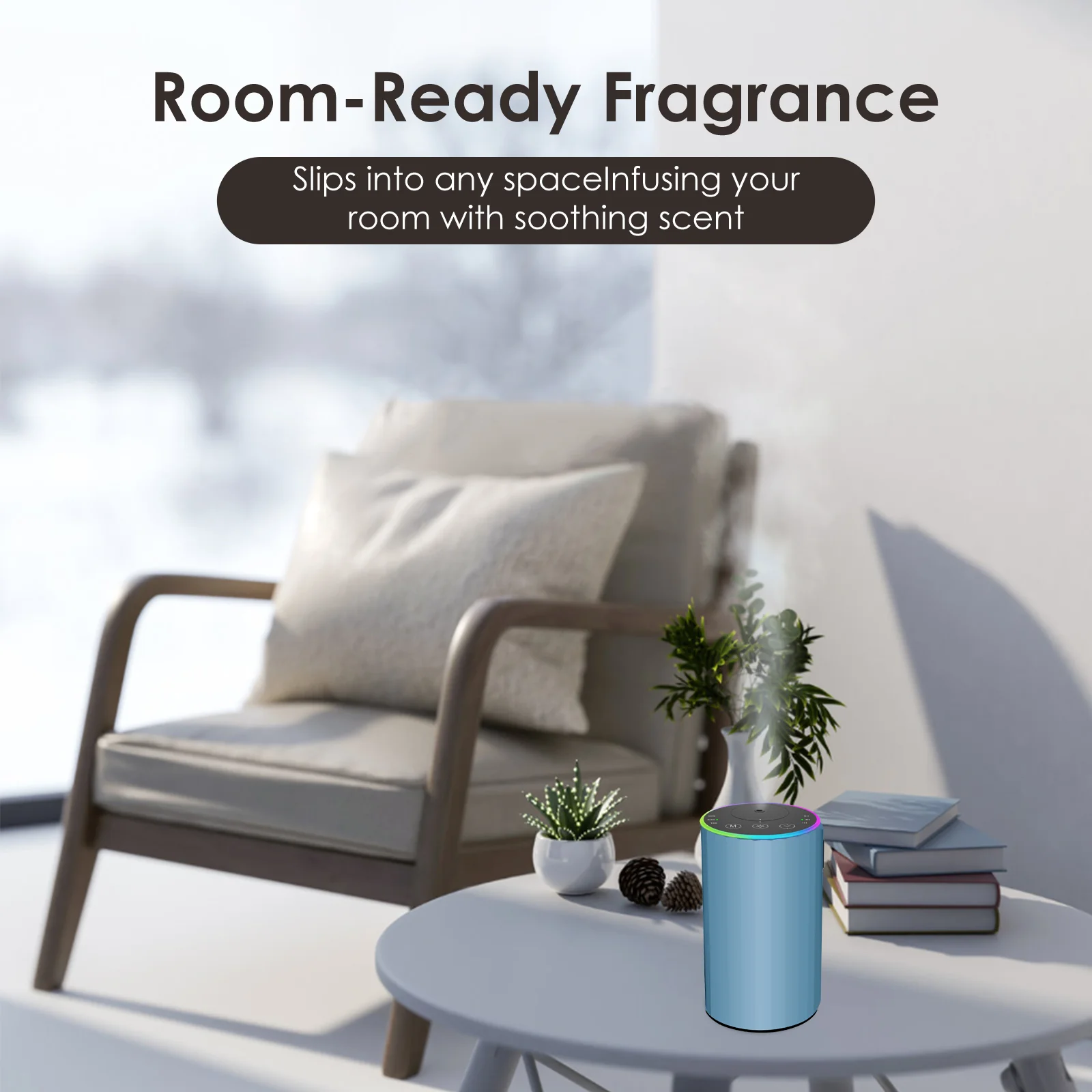 2452 compact waterless essential oil diffuser on a side table next to an armchair - room-ready fragrance for any space