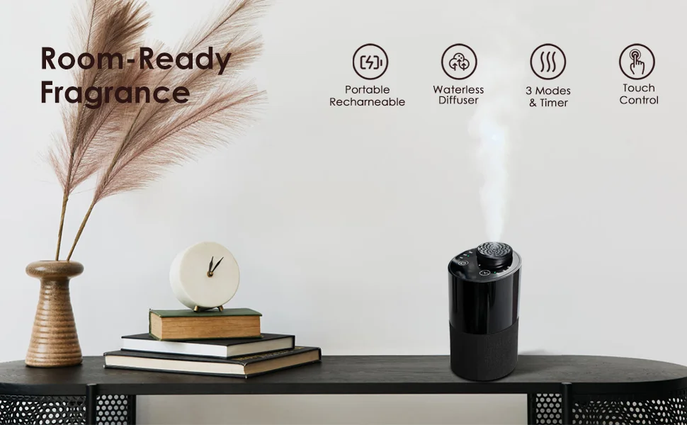 2471 portable rechargeable waterless diffuser feature icons - portable, rechargeable, timer