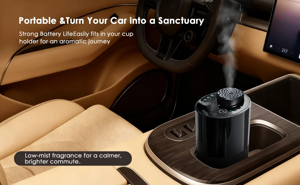 2471 portable waterless diffuser in a car cup holder with long battery life
