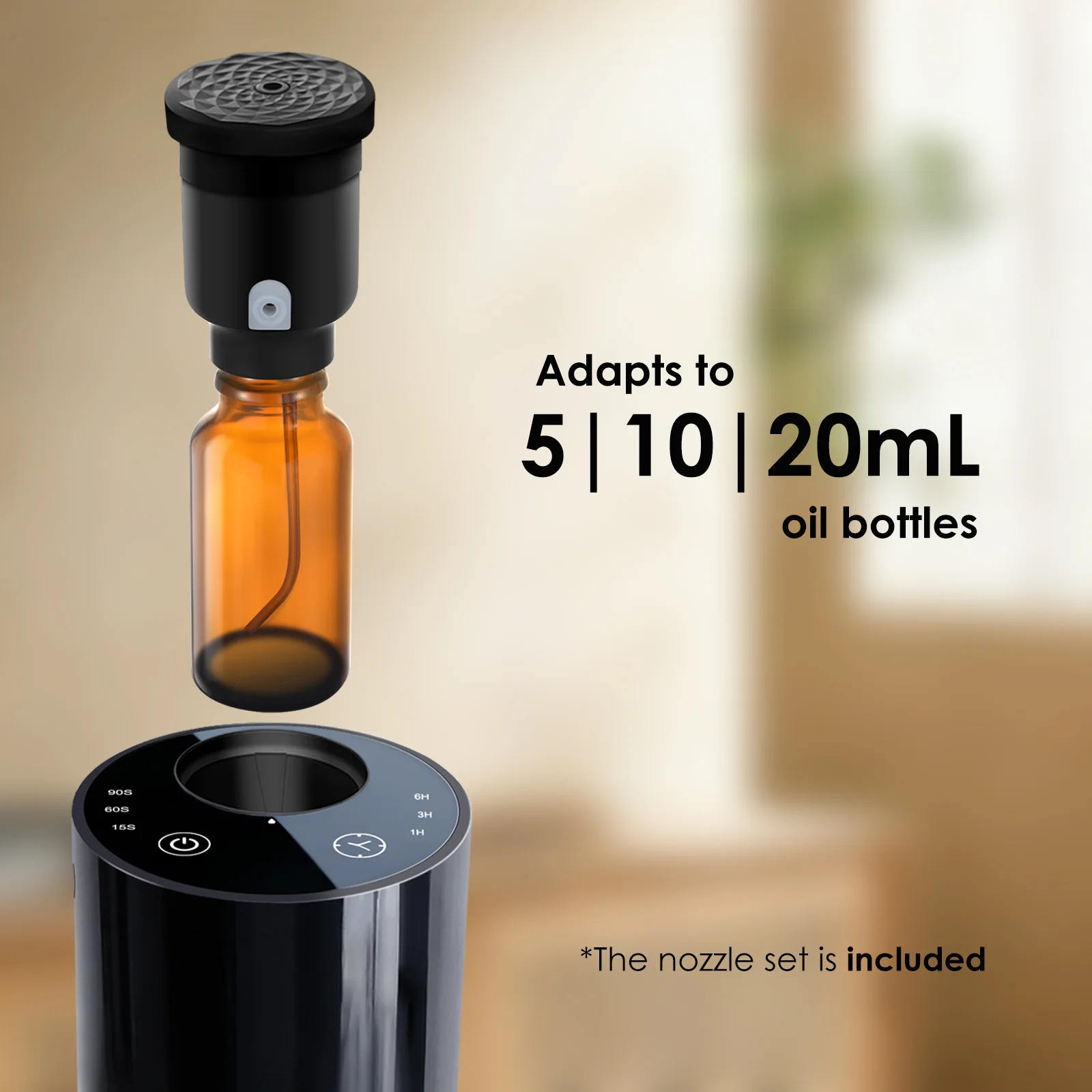 2471 waterless diffuser with 5 ml, 10 ml and 20 ml essential oil bottles on 18 mm thread