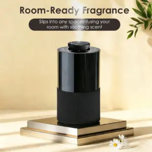 2471 fabric-wrapped waterless diffuser placed on a shelf in a living room setting