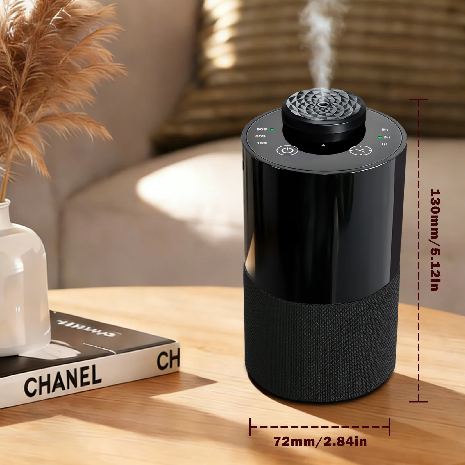 2471 fabric-wrapped waterless diffuser glass oil bottle and interchangeable nozzle detail