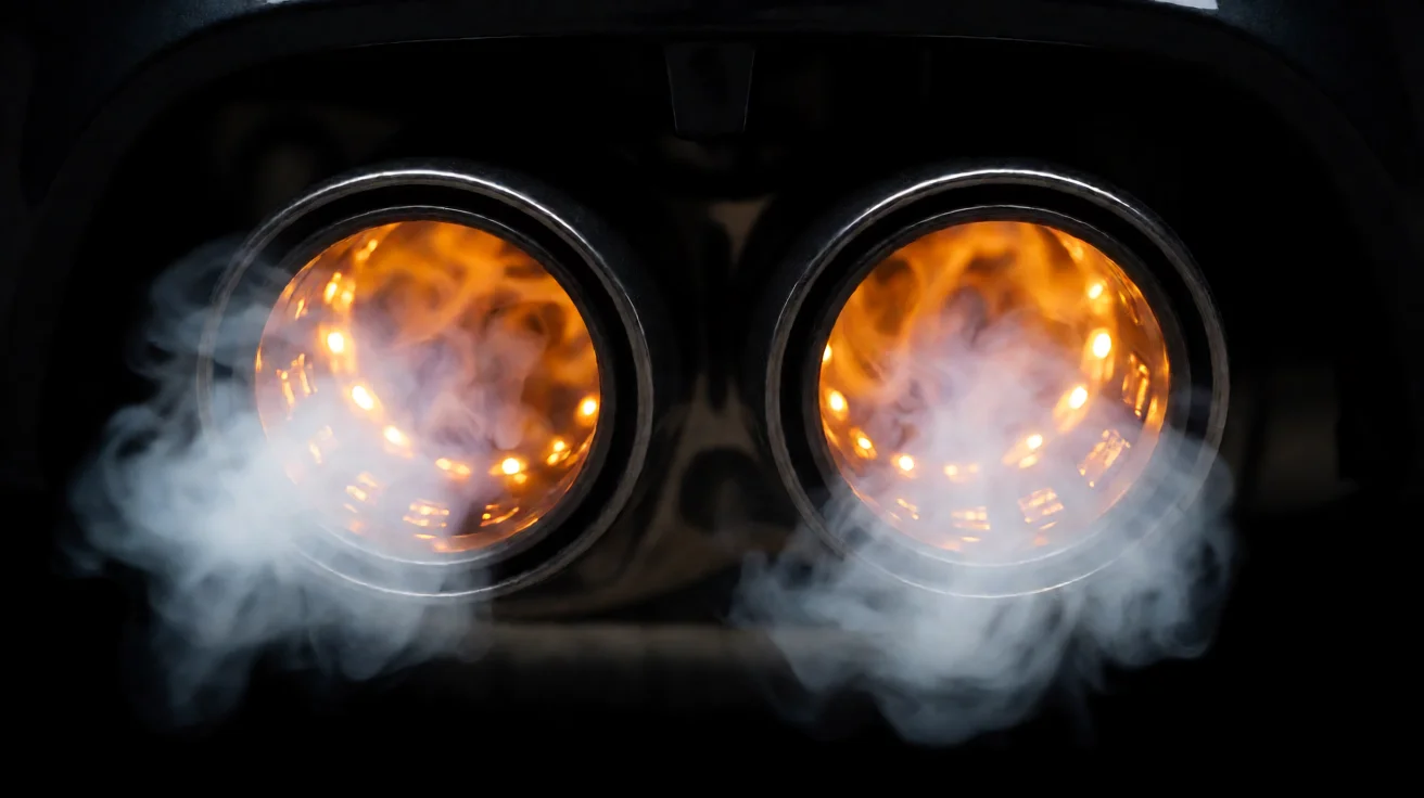 Amber LED-lit mist from exhaust tips creating flame effect